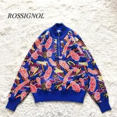 J3【ロシニョール】ニット　ハーフジップ　総柄　青　O ヴィンテージライク