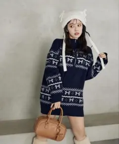 未使用に近い nice claup リボンジャガードニットチュニック