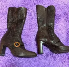 卑弥呼 ウエスタンブーツ ロングブーツ レザー 花刺繍風 ブーツ ブラウン系