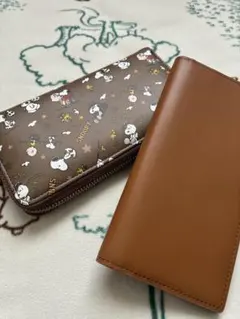 スヌーピー&革茶色 二つ折り財布 (訳あり)