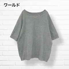 美品✨ワールド✨サマーニット【Ｌ】グレー ビジュー ドルマンスリーブ