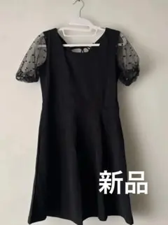 ブラック Aライン ワンピース ドットチュール袖　結婚式　パーティドレス