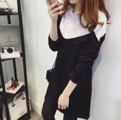 【春の在庫一掃大処分！】チュニックワンピース 重ね着風 襟付き シャツ