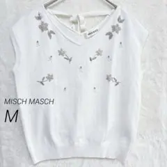 【ミッシュマッシュ】花刺繍ビジュー付ニット半袖 M Vネック 白リボン 上品