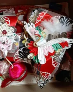 結び帯 花柄 赤 黒