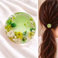 レジンヘアゴム ドライフラワー ホワイトフラワー/ポニーフック可能