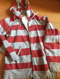 赤とグレーのストライプ フルジップパーカー L