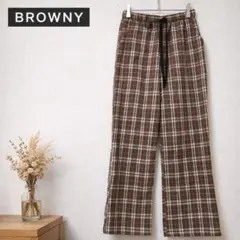 BROWNY チェックパンツ ブラウン L ワイドパンツ ゴム カジュアル