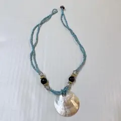 【新品未使用】水色 青 ビーズ 貝殻 ネックレス 南国 旅行 海 プール
