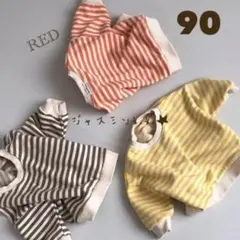 90サイズ 赤 太めボーダー 長袖 ロンT 韓国子供服 ストライプ