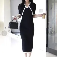 ROYAL PARTY ボレロ風配色ビット付タイトワンピース ニット　ブラック