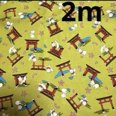 【特価】最終出品★シーチング★夢色百景★かわいいキツネと鳥居★カーキ★和柄★