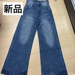 新品 mu design officeラインストーンパールワイドフレアデニム