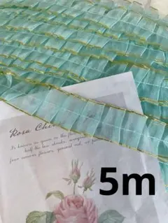 B348　金縁水色両山オーガンジー生地フリルレース　手芸用品