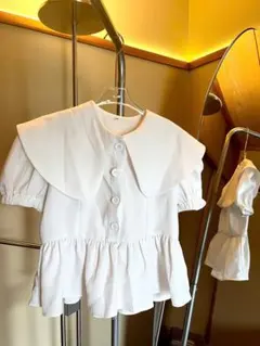 ホワイト 大きな襟 半袖ブラウス