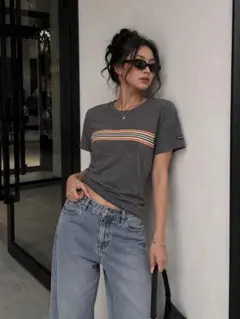 BURBERRY グレー ストライプ Tシャツ M