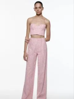 3/20午前まで！ZARAギンガムチェックワイドパンツピンク　Sバービー