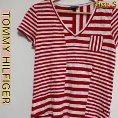 TOMMY HILFIGER 赤白ストライプ パッチワーク半袖Tシャツ S