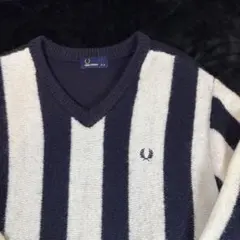 【モヘヤ混】フレッドペリー　ニット　ストライプ　刺繍ロゴ　L　好雰囲気　秋冬