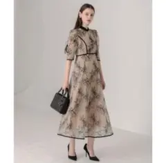 レジャ Leja 花柄刺繍ラメレースロング丈ドレスワンピース　ベージュ　ブラウン