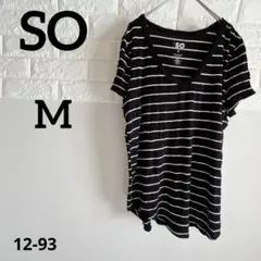 SO 【M】半袖Tシャツ　ストライプ (黒地に白) Vネック 柔らか素材