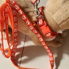 【新品】小型犬·ねこ用 首輪&リードセット オレンジ 肉球模様 鈴付き