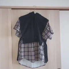 フード付きチェック柄レイヤードTシャツ
