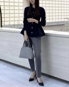 美品★PLSTペプラムカーディガン ネイビーM