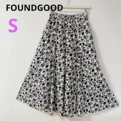 【FOUNDGOOD】花柄フレアロングスカート　モノトーン　ウエストゴム　S