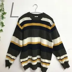 レディース　L セーター　ニット　毛　ボーダー　GU 秋冬　緑　黄色　ベージュ