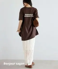 新品★Bonjour sagan　汗染み防止　前後ロゴTシャツ　ブラウン