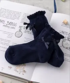 リボン付きフリル　ネイビー　靴下　ソックス　19-21㎝