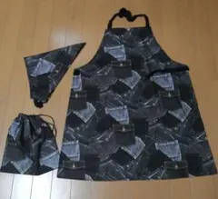 ハンドメイド　エプロン　三角巾　巾着　三点セット　入学　進級　デニム風　ブラック