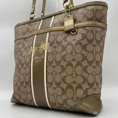 良品 COACH トートバッグ PVCレザー ブラウン シグネチャー 肩掛け