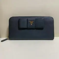 PRADA プラダ 長財布 サフィアーノ リボン ネイビー ラウンドファスナー