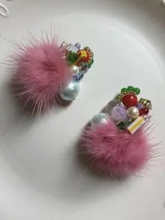 ミンクファー×コットンパールのシャワーピアス