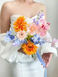 カラフル春ブーケ　アーティフィシャルフラワー　前撮り　ウェディング　造花