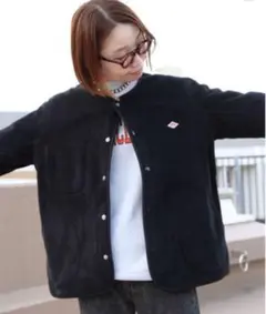極美　DANTON ダントンフリース ノーカラージャケット　黒　レディースM