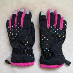 防水スキーグローブ 黒×ピンク カラフルドット