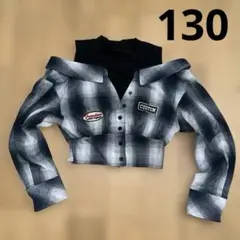 キッズ 130 肩出し チェックシャツ オシャレ ワッペン