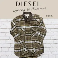 希少 DIESEL ディーゼル 牛革レザー襟 切替チェックシャツ Lのサムネイル