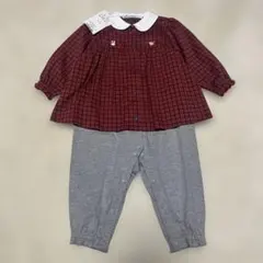 新品 ファミリア 赤チェックロンパース 80