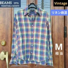 【BEAMS】ビームス/ヴィンテージ/リネン麻混 BDシャツ/チェック柄/M相当