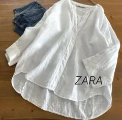 ザラ ZARA リネン100% スキッパーオーバーワイドシャツ ゆったり大きめ 