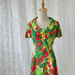 レトロ花柄ワンピース 半袖 フレアシルエット ヴィンテージ