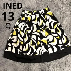 INED フレアスカート 黒白黄 抽象デザイン　キュプラ 13号