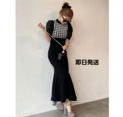 チェック柄半袖ニットワンピース