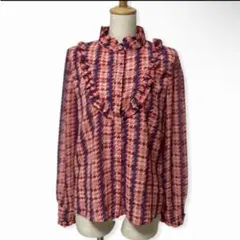 フリルブラウス 千鳥格子柄 長袖ブラウス ハイネック 総柄 レトロ　春夏