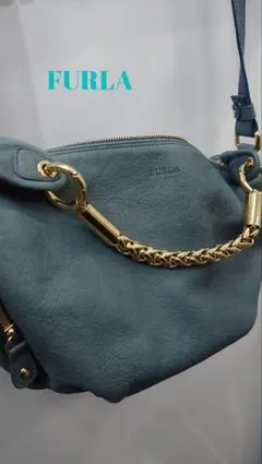 【良品】FURLA ダークブルー レザー ショルダーバッグ フルラ
