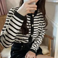 新品 ボーダー パールボタン カーディガン ニット F ブラック